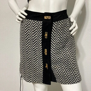 Milly Black & White Herringbone Wool & Suede Mini Skirt Size 8